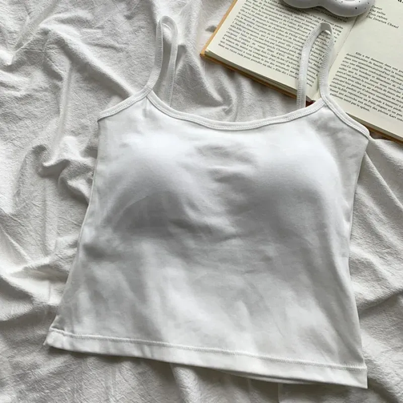 ผู้หญิงสีทึบสายรัดแขนกุด Slim Camisole พร้อมแผ่นหน้าอกสบาย Daily TOP Travel ภายในกีฬาผ้าฝ้ายเสื้อกั๊ก — image 11