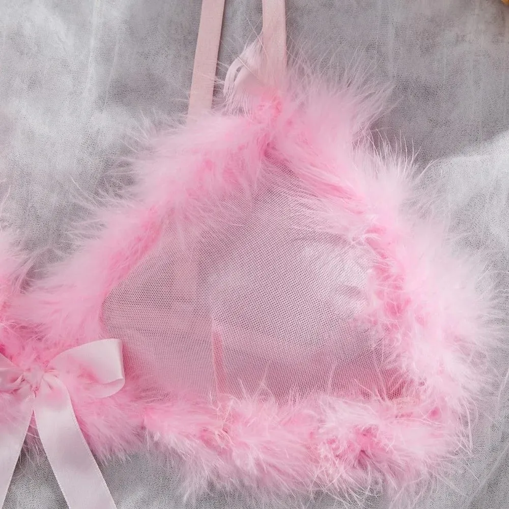 Furry Women's Underwear Wireless Mesh Transparent Lingerie Set Romantic Intimate Bow Decor Bra Panties Suit Anniversary — image 6