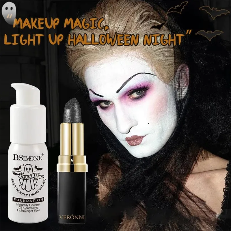 2pcs Set Black Diamond Glitter Lipstick & White Foundation Halloween Cos Stage Creative Makeup Kit For Face & Lip