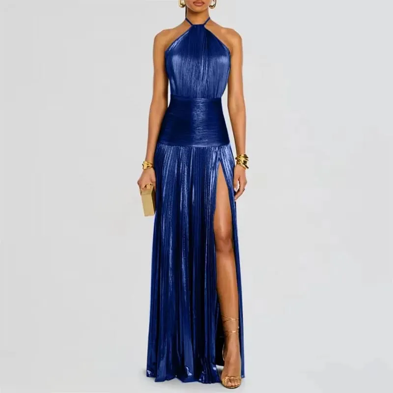 Gold Sexy Halter High Split Gowns Evening Dress Woman Chic Solid Hollow Pleated Long Dress Spring Summer Backless Zip Maxi Dress — image 5