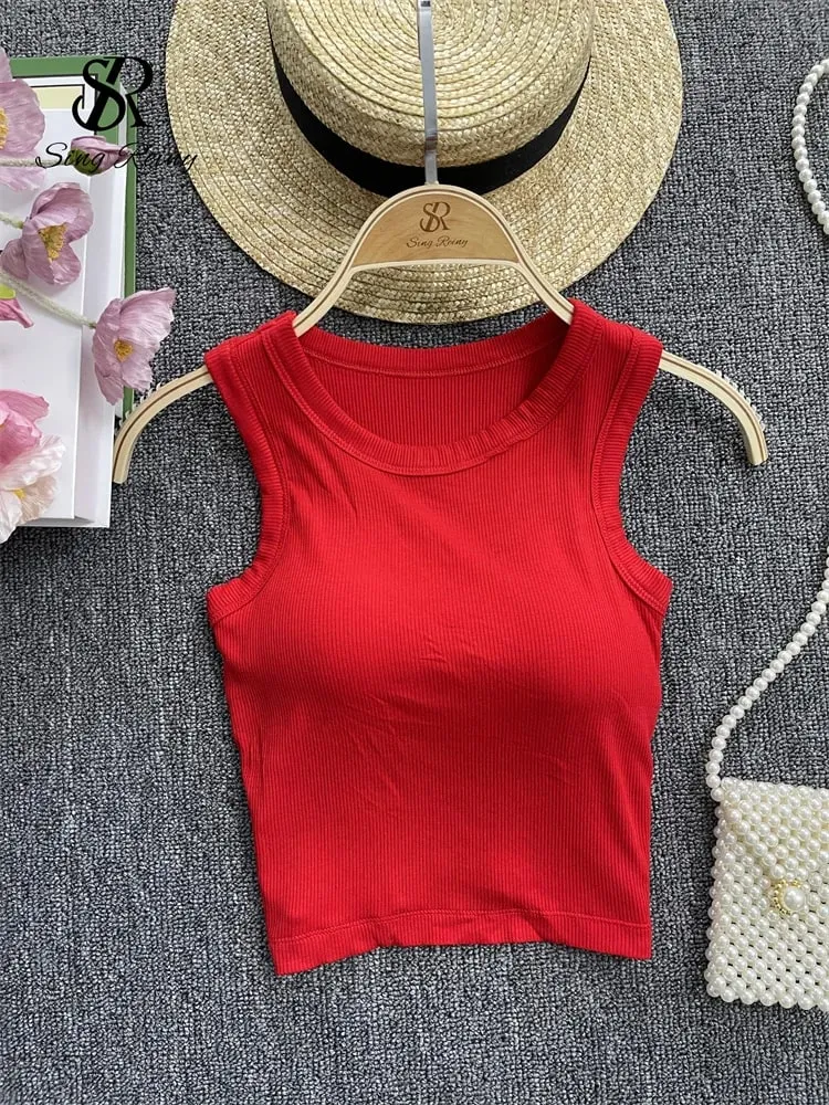 Ærmeløs striktop Dame Rygløs koreansk BH O-hals Solid elastisk talje Dame Elegant Mode Casual Crop Top — image 9