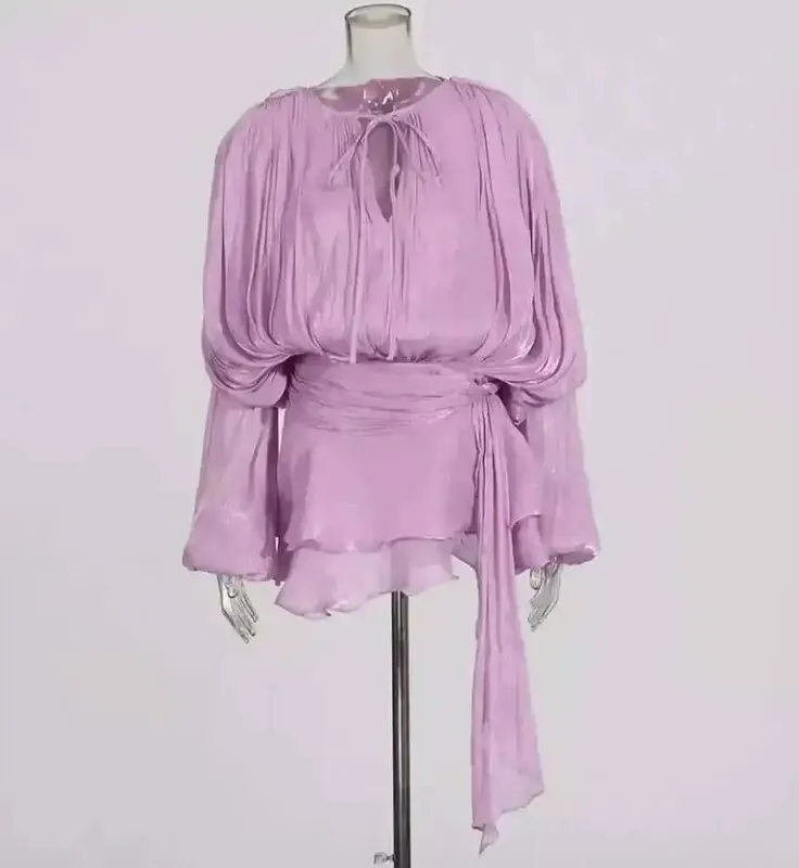 Beżowy top solidna bluzka Mini sukienki dla kobiet dekolt w serek z długim rękawem łączone zasznurować słodka sukienka w stylu odzież damska moda P7WI — image 16