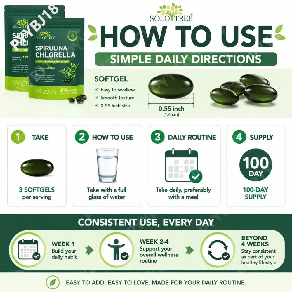 Solo Tree Spirulina Chlorella Softgels dengan Mikroalga Organik Vitamin B6 B12 Keseimbangan Pencernaan & Dukungan Kekebalan Tubuh 300 Softgels — image 6