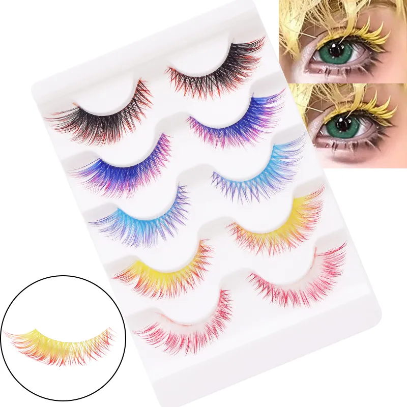 5 คู่ผสมสี Ombre Gradient ขนตาปลอม 3D สีสัน Strip Lashes Handmade Fluffy สีขนตาสำหรับคอสเพลย์แต่งหน้า — image 2