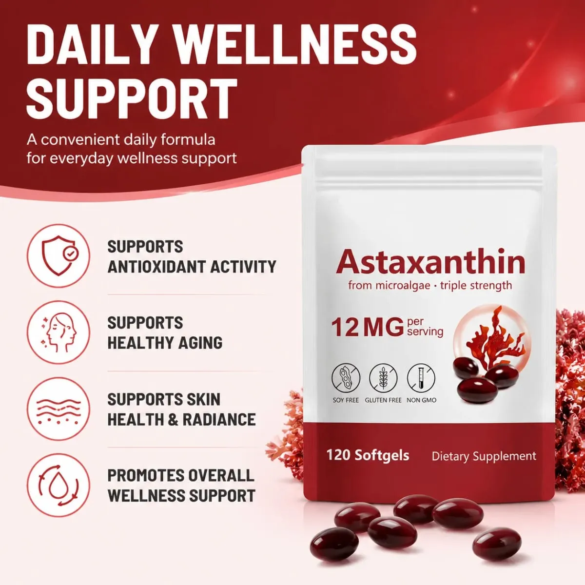 Astaxanthin-Ergänzungsmittel, 12 mg Kapseln aus Mikroalgen, mit antioxidativer Unterstützung für die Gesundheit der Haut und gesundes Altern, 120 Stück — image 2