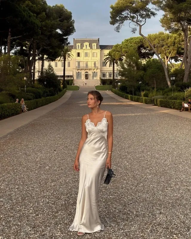 Abito maxi con fionda patchwork in pizzo Abito lungo da donna sexy con scollo a V solido senza maniche senza schienale in raso abito lungo da donna chic