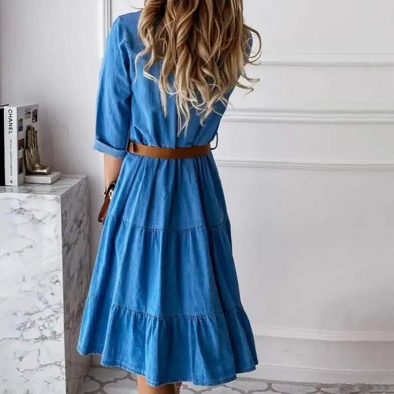 Vestido vaquero de manga tres cuartos con cinturón, cuello vuelto, botones de primavera y otoño, vestidos vaqueros con volantes para mujer 2025 — image 6