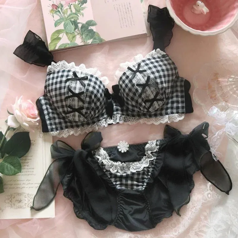 性感黑色格紋內衣套裝帶聚攏胸罩和鋼圈女式柔軟內衣 — image 2