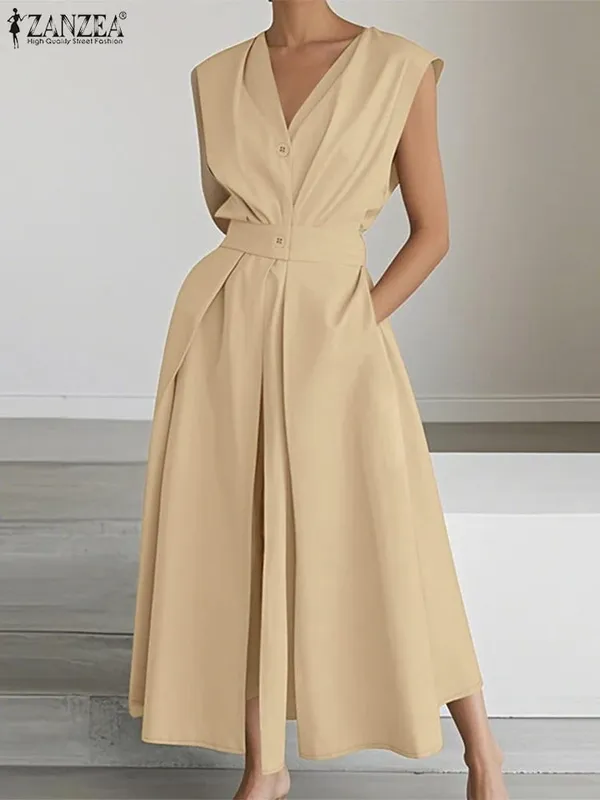 Elegant Chic ผู้หญิงชุดยาวลำลองแขนสั้นคอเอวสูง Casual & Day เสื้อชุดสีทึบ S-3XL — image 17