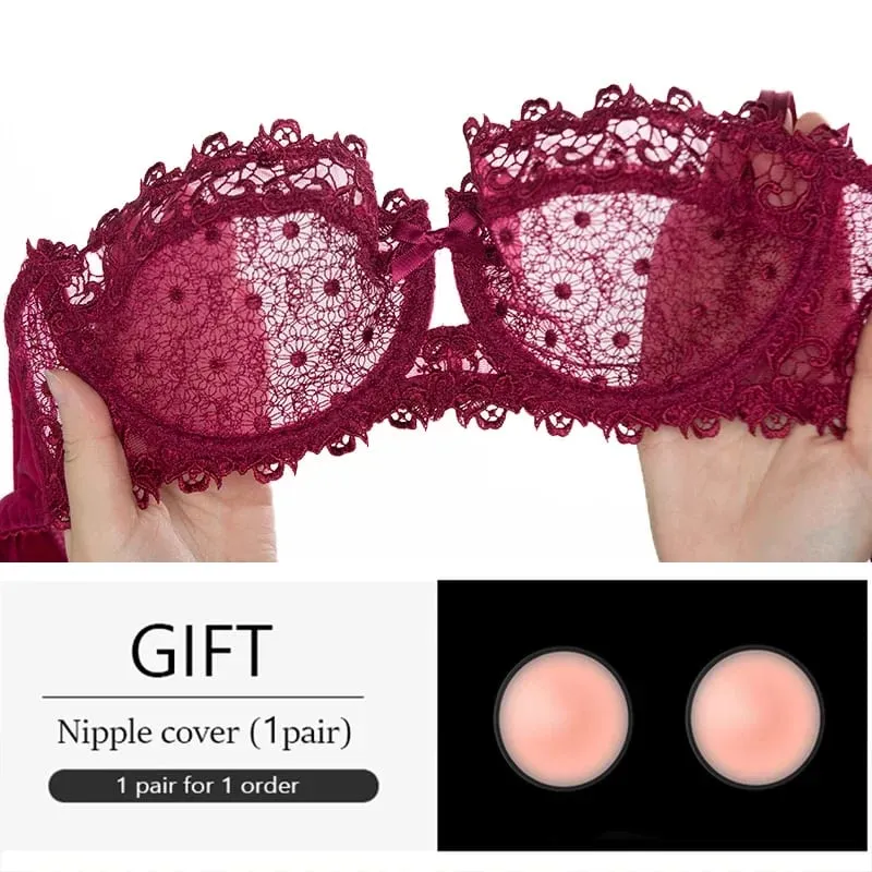 PLUS ขนาดเซ็กซี่ครึ่งถ้วยลูกไม้ Bra SHEER ตาข่าย Unlined Bralette สำหรับผู้หญิง A D ถ้วยที่มองไม่เห็น Push Up Underwire ชุดชั้นในชุด — image 2