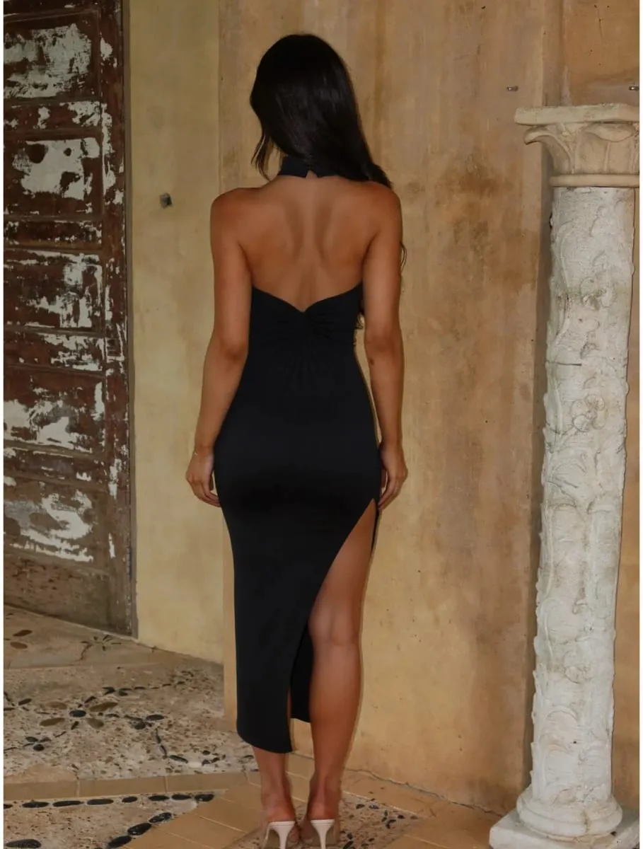 Abito da sera da donna senza maniche con spalla obliqua, vestibilità slim, patchwork, tinta unita