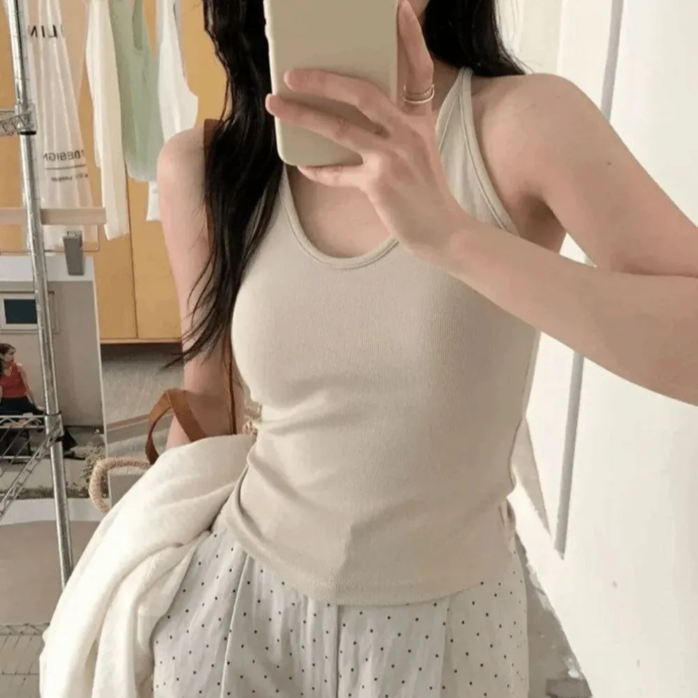Gaya Korea dengan Tali Alas Dada Vest U-Neck Warna Pejal Tanpa Belakang Tanpa Lengan Atasan Pelangsingan Camis Wanita Musim Panas — image 15