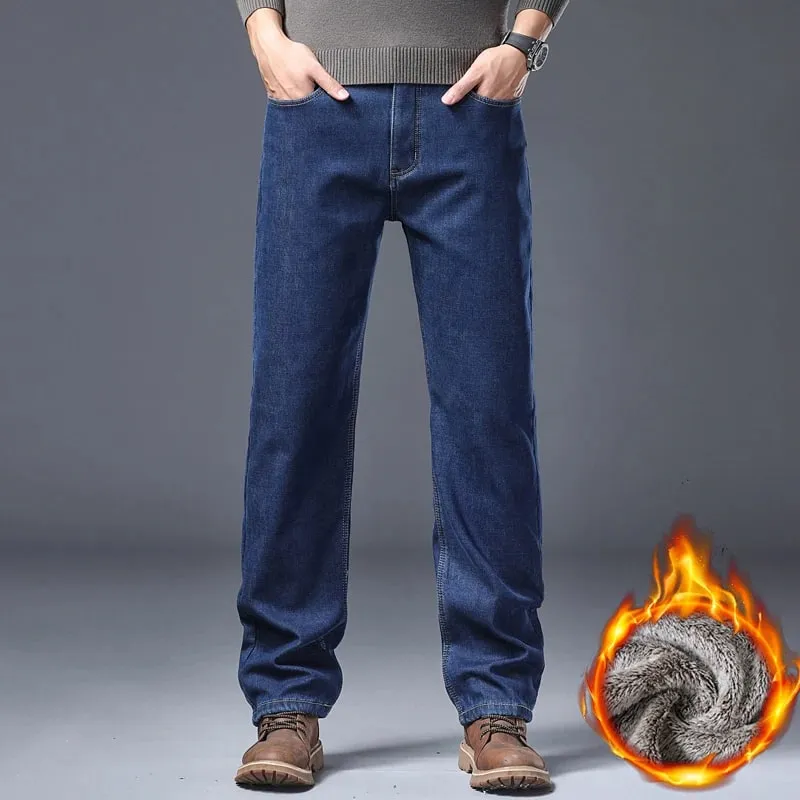 Jeans addensati foderati in pile da uomo Pantaloni in denim slim fit elasticizzati caldi invernali Pantaloni morbidi e comodi per l'abbigliamento da lavoro quotidiano — image 2