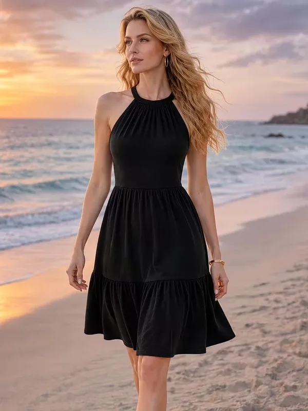 Robe d'été élégante sans manches, couleur unie, col licou, ourlet à volants, ample, longueur aux genoux, pour les vacances