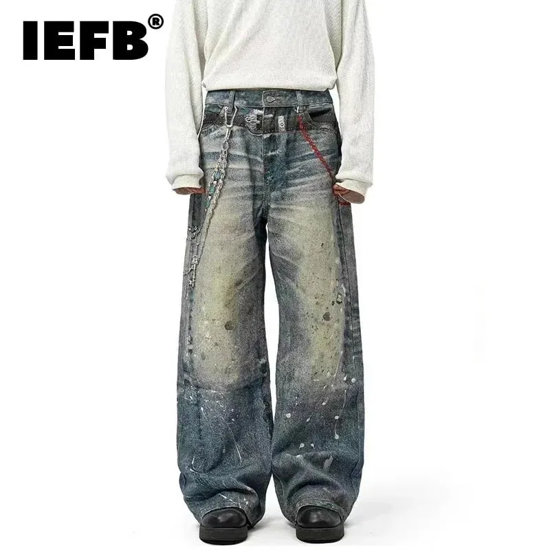 Niche Design Herren-Denim-Hosen, Kettendruck, Kontrastfarbe, Spritztinte, lässig, weites Bein, Vintage, lockere Herren-Jeans 9W4170 — image 2