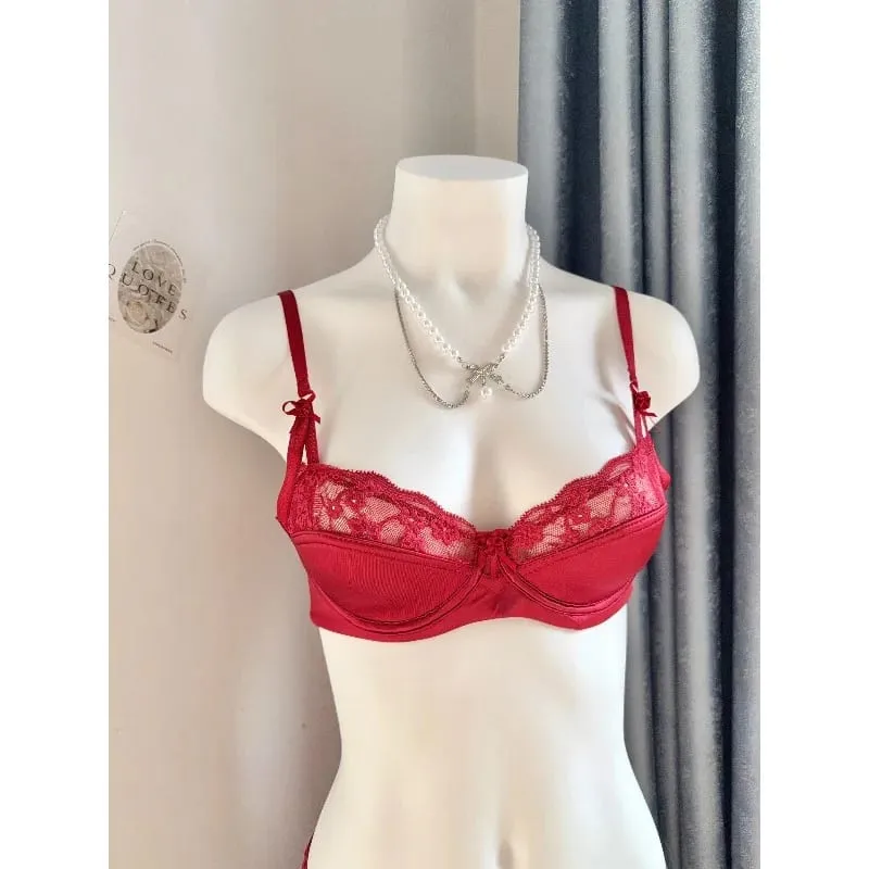 Set Bra Minimizer Renda Merah Populer Wanita Setengah Cangkir Ultra Tipis Payudara Besar Dukungan Lembut Pesta Pengantin Bulan Madu Malam Setelan 32-38 — image 6