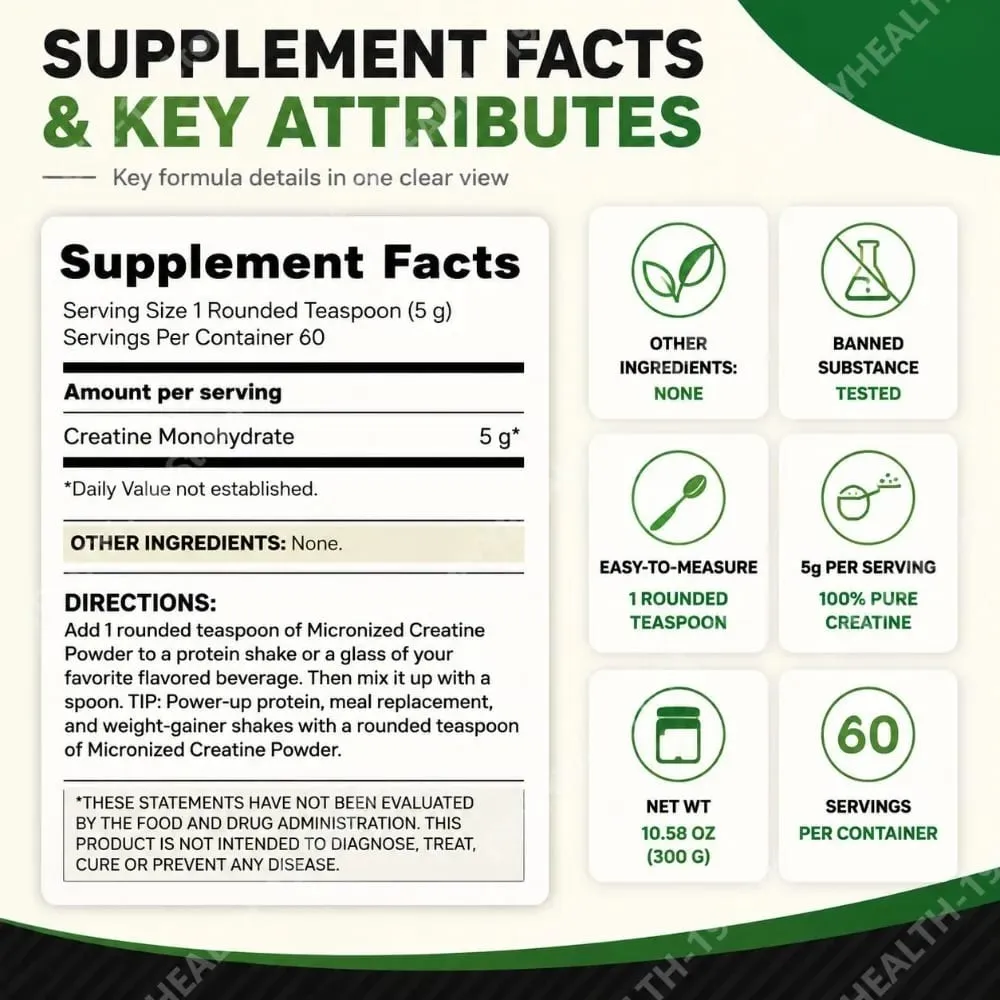 Creatina monoidrato micronizzata in polvere pura e non aromatizzata per lo sviluppo muscolare, forza, potenza e supporto per il recupero, adulti 300 g — image 3