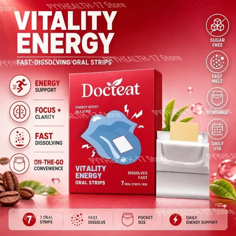 Docteat Vitality Energy Oral Strips, die im Mund schmelzen, lösen sich schnell auf, L-Theanin, kein Wasser erforderlich, bleiben wach, unterstützen 7 Strips — image 1