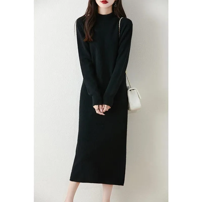 Autumn Winter Women's Wool Long Dress Cashmere Mock Neck Pullover Sweater 100% Merino Wool Soft Knitwear OL Simple Basic Dress — image 8