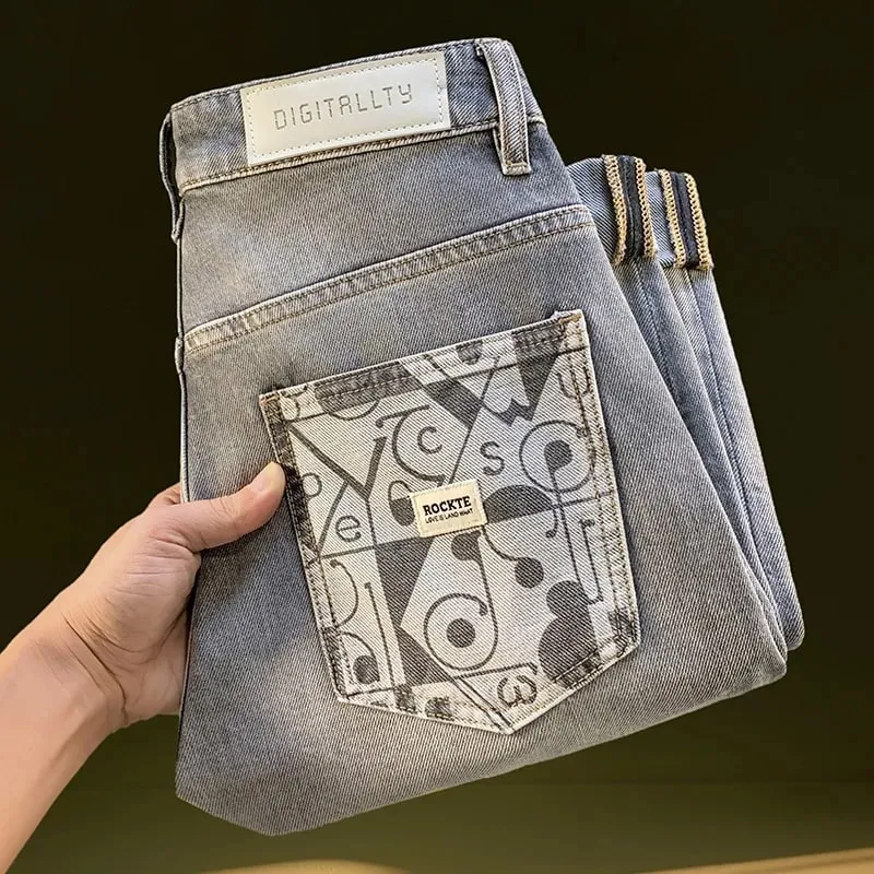 Jeans for men in spring and summer 2025 printed with small feet loose and casual stretch denim long pants — image 3