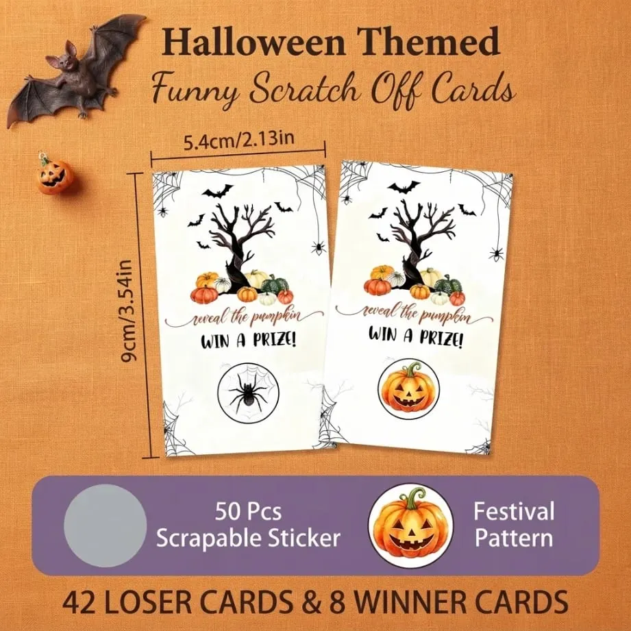 50 cartes à gratter Halloween Thème Citrouille Jeux de fête d'Halloween Grattez pour gagner ! — image 3