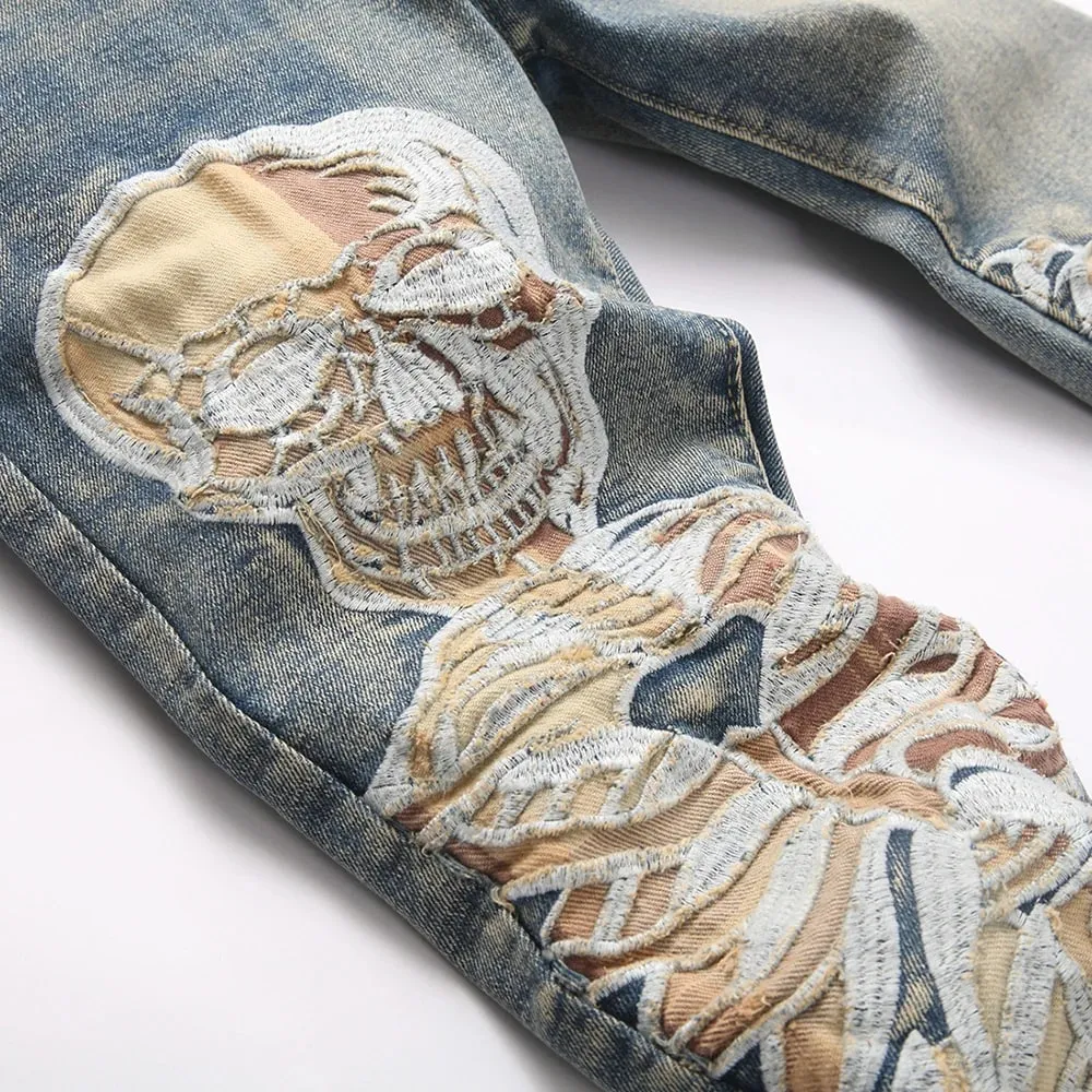 Herren-Jeans mit Totenkopf-Boot-Cut-Denim, Vintage-Stil, Blue Devil-Stickerei, Stretchhose, schmale Schlaghose — image 3