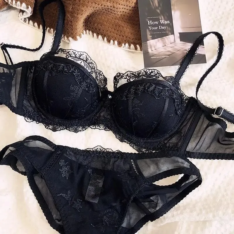 Set di due pezzi di lingerie in pizzo ricamato francese Reggiseno con ferretto morbido e traspirante leggero con supporto leggero per busti più piccoli — image 8
