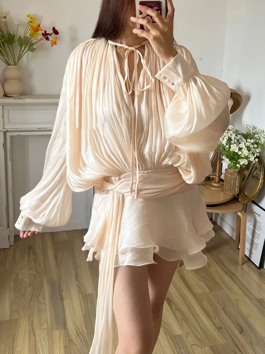 Solide Bluse Mini Kleider Für Frauen V-ausschnitt Langarm Verstärktes Spitze Up Süße Stil Kleid Weibliche Kleidung Mode — image 3