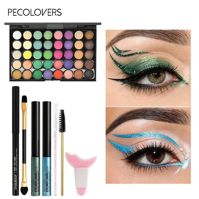 8PCS/SET Palet Pembayang Mata Celak Cecair Berkilau Celak Celak Hitam Berus Mata Set Kecantikan Halloween/Krismas/Parti