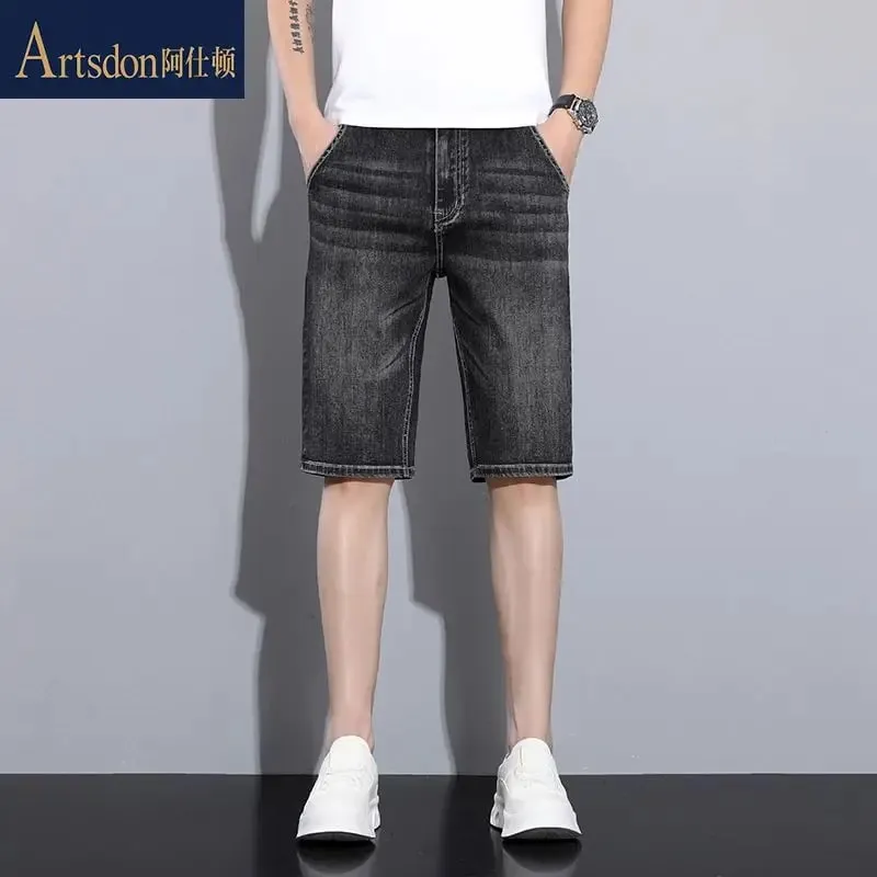 New Summer Men's Denim Thin Casual Pants Straight Leg Shorts Elastic Five Quarter Pants — image 4