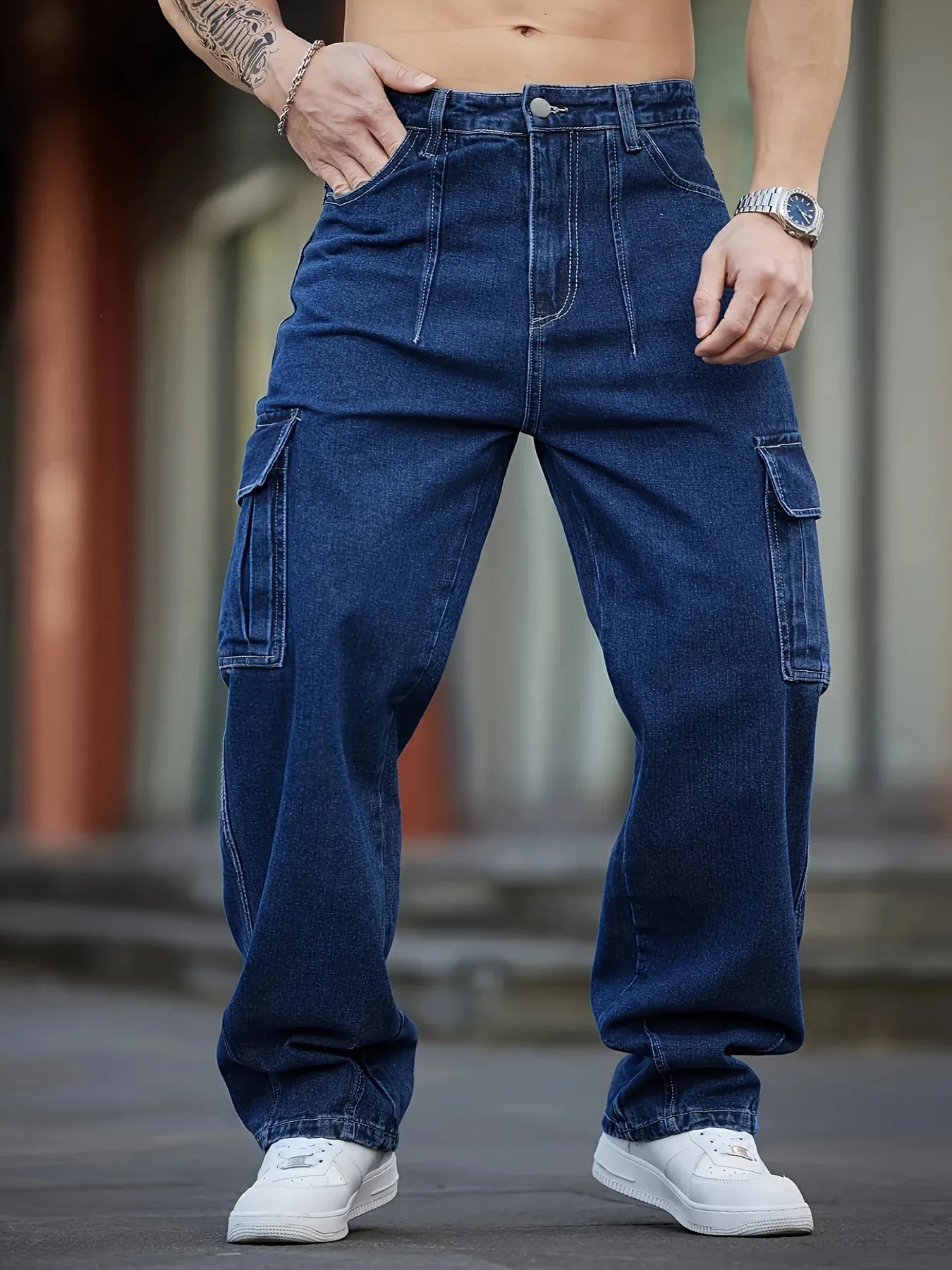 Herren-Jeans aus tiefblauem, gewaschenem Denim, Arbeitskleidung, lässiges Design mit mehreren Taschen, lockere Hose mit weitem Bein, Cargohose im Y2K-Stil — image 8