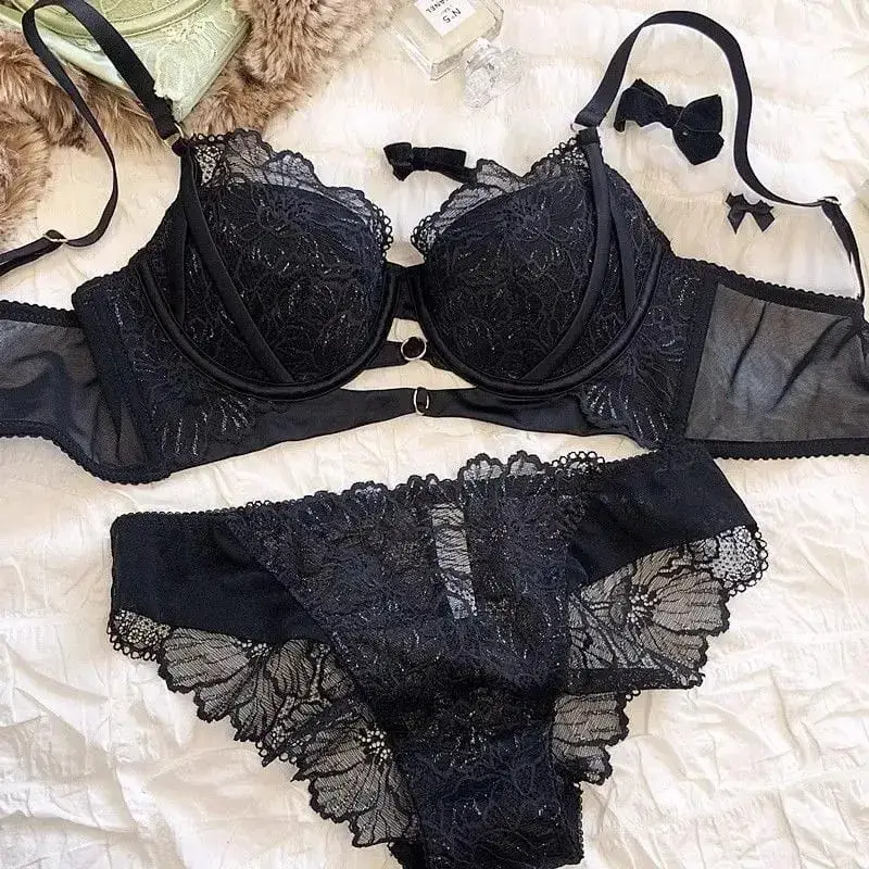 Sexy Hollow Lace Bra Set Large Breasts Gathered Comfortable Soft Steel Ring Top Support Anti-Sagging Breathable Thin Bra Set