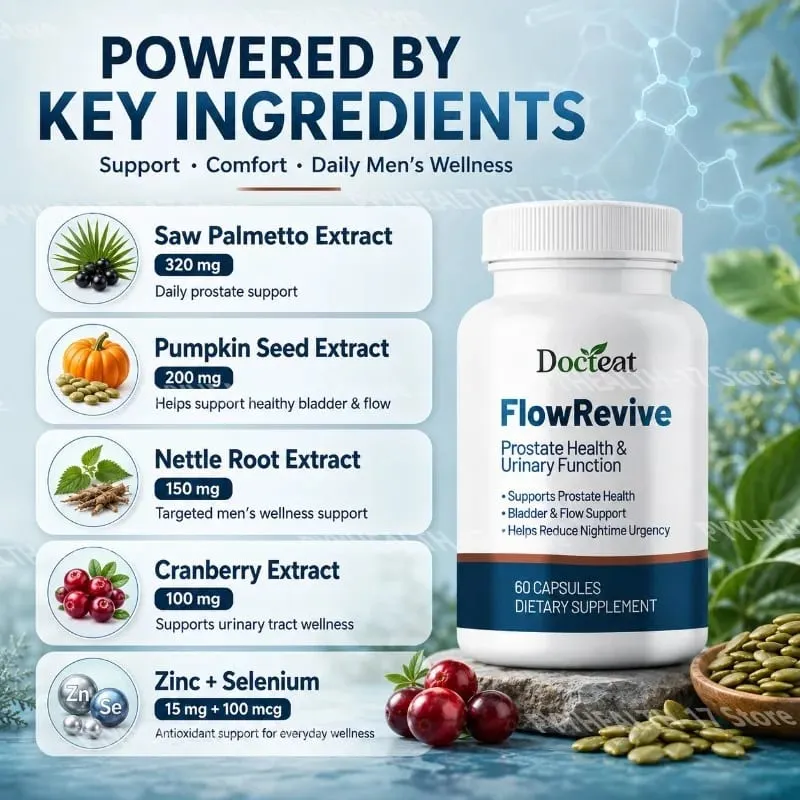 Docteat FlowRevive prostaat- en urine-ondersteuningscapsules met Saw Palmetto-pompoenzaad en Pygeum-schorsextract - 60 Capsules — image 2