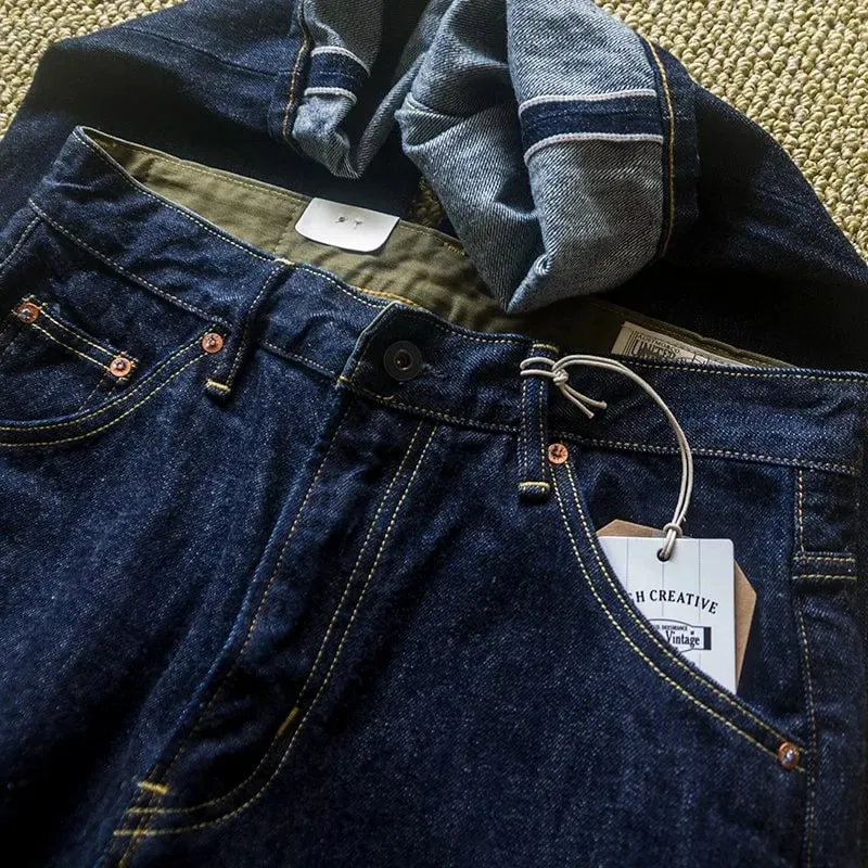 Jean en denim vintage japonais avec ponçage, coutures rouges et couleur originale pour l'automne avec broderie