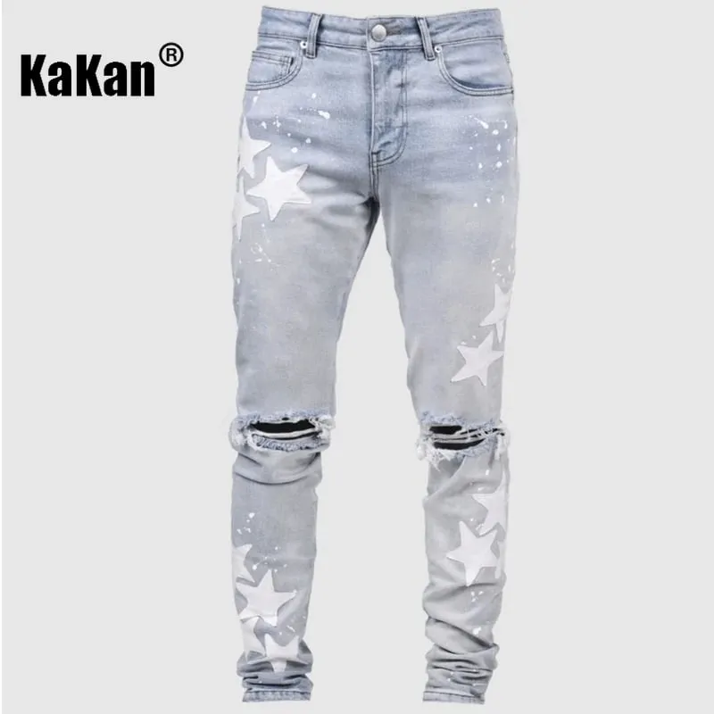 Kakan - New Men's Blue Slim Fit Patch Jeans Y2k Printed Design Long Jeans Jeans Man Brand — image 7