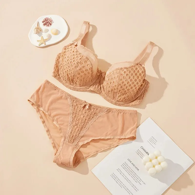 Wanita Curvy Plus Size Polka Dot Mesh Lace Bra Set Panty Underwire Support Full Figure Big Cup E F G H I Breathable Lingerie 2pcs