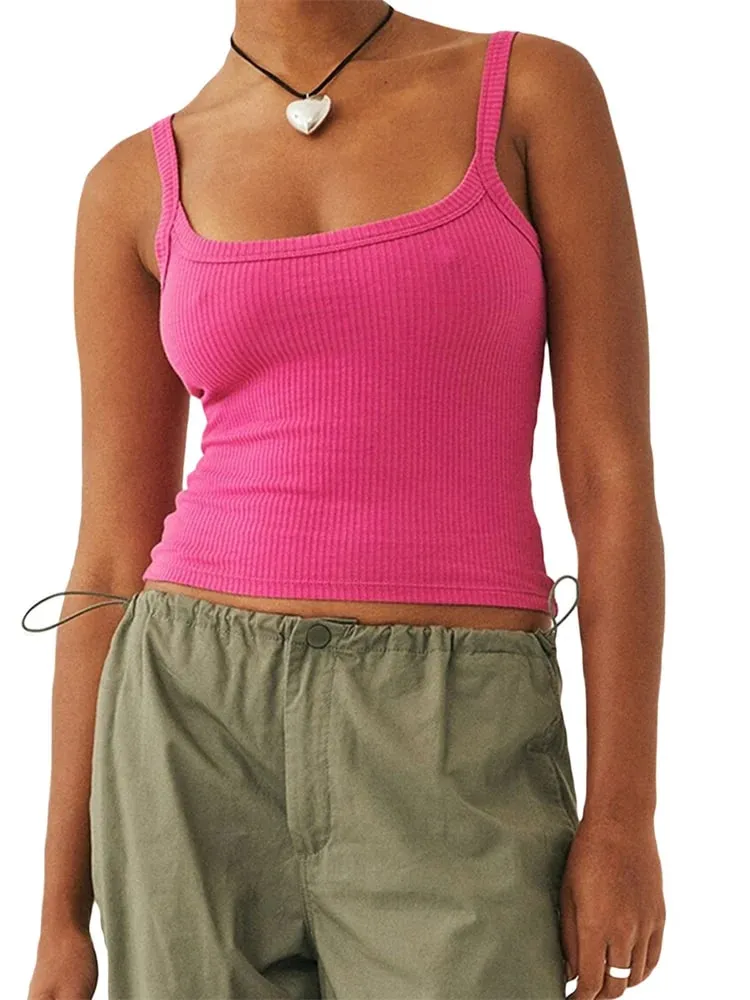 Camisetas sin mangas de color liso para mujer Chaleco básico Sin mangas acanalado Cuello en U Tops cortos ajustados — image 2