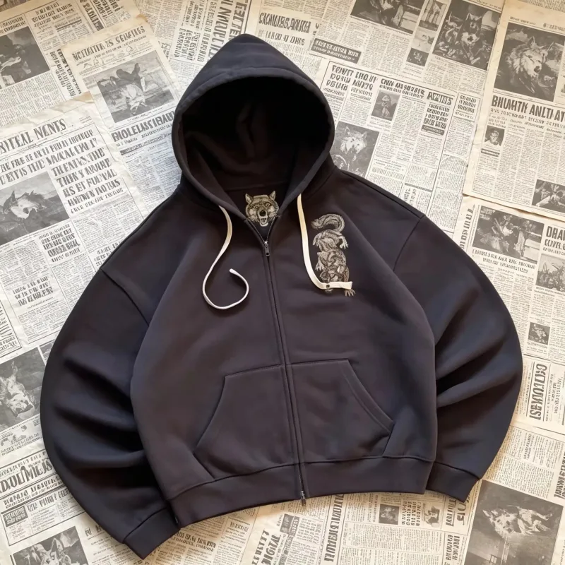 Dark Brown Full Zip Hoodie Double Men Wolf Embroidery Drawstring Pocket Oversized Y2K Grunge Vintage Street Zip Up Sweat Jackets — image 14