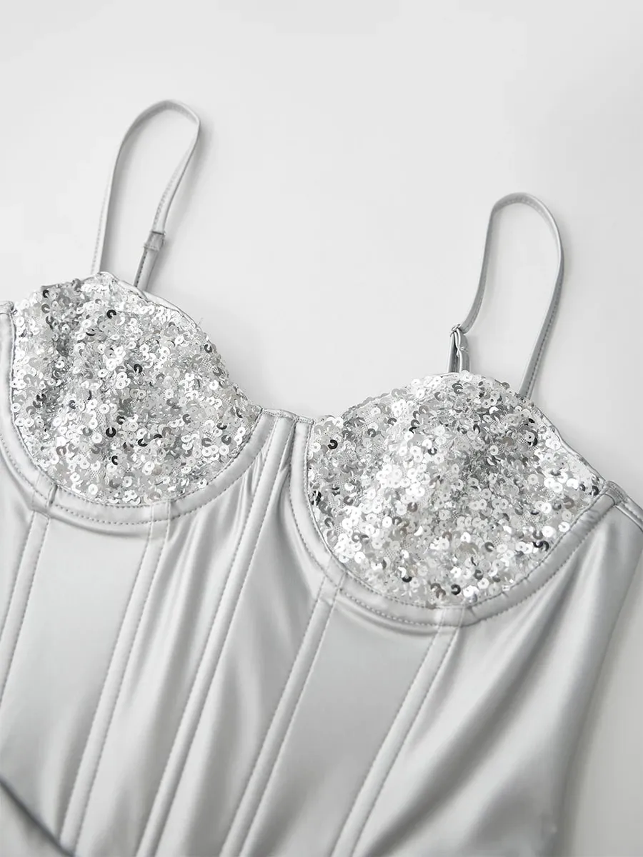 Schlanker, ärmelloser Body für Damen mit glitzernden Pailletten, Spaghettiträger, Dreiecksspielanzug, Trikot-Oberteile