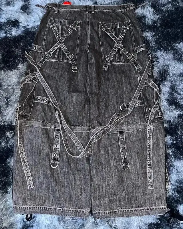 Lelaki Gothic Punk Strap Denim Cargo Pants Black Multi Buckle Longgar Fit Streetwear Fesyen Bandar Bergaya Dibasuh Jeans Kasual Vintaj — image 4