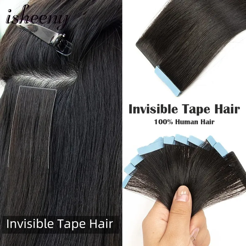 Isheeny Invisible Tape In Hair Extensions 12" 16" 20" Skin Weft Tape Ins 10 stk Naturlig Straight Machine Made Remy Human Hair — image 1