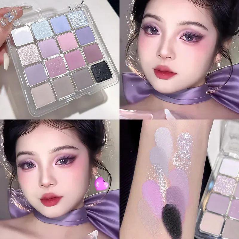 16-Farben-Lidschatten-Palette, matt, niedrige Sättigung, wasserfest, glitzernd, blauer Lidschatten, langlebiges rosa Augen-Make-up, koreanische Kosmetik