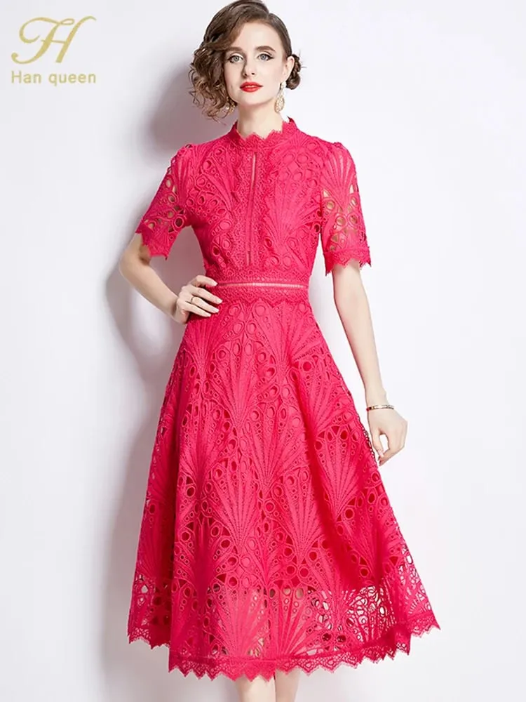 H Han Queen printemps nouveau élégant décontracté travail robes de soirée Floral Crochet évider dentelle Patchwork décontracté bureau robe mi-longue — image 4