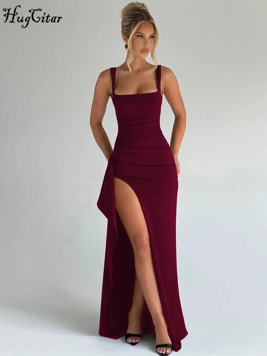 Hugcitar Gaun Maxi Bodycon Seksi Perca Ruched Celah Tali Solid Elegan Wanita Pakaian Musim Panas Festival Ulang Tahun Pesta Malam — image 1