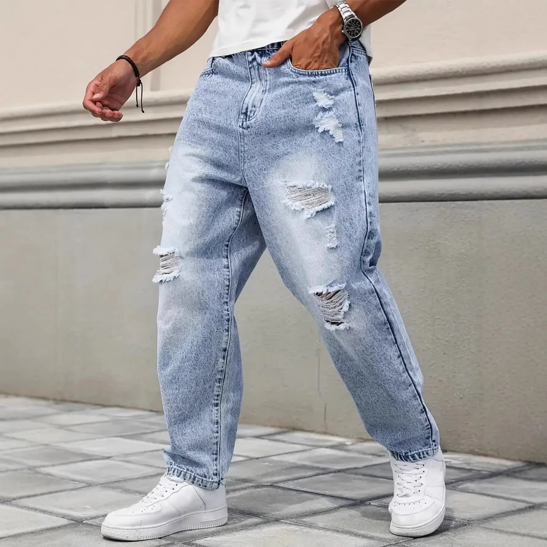 Jean en Denim effiloché déchiré bleu clair pour hommes, jambe droite Non extensible, ample, Baggy, pantalon en détresse, Vintage Y2K Hip Hop Da