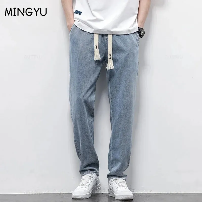 Jeans Pria Pinggang Elastis Sepenuhnya Kualitas Tinggi Celana Lurus Serut Lembut Katun Celana Panjang Kasual Korea Pria Ukuran Besar S-5XL — image 2