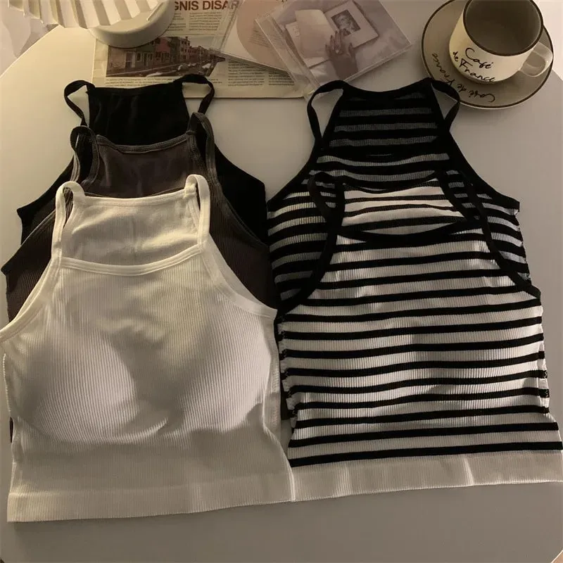 Canottiere da donna in versione coreana con filato solido, moda casual, top corto con imbottitura sul petto, senza maniche, canotta di base — image 3