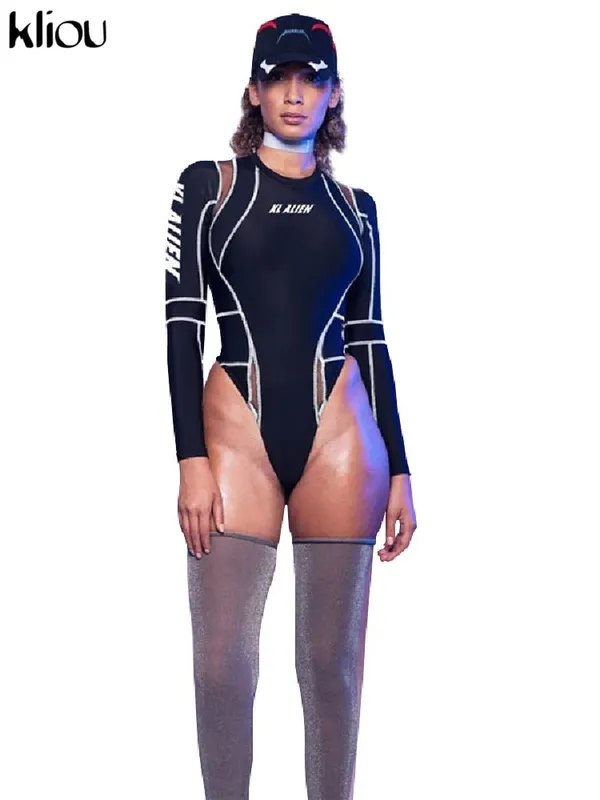 Kliou Kvinder Helærmede rullekrave-bodyer Mesh Patchwork Brevtryk Biker New Fashion Kvinde Workout Street Casual Rompers — image 7