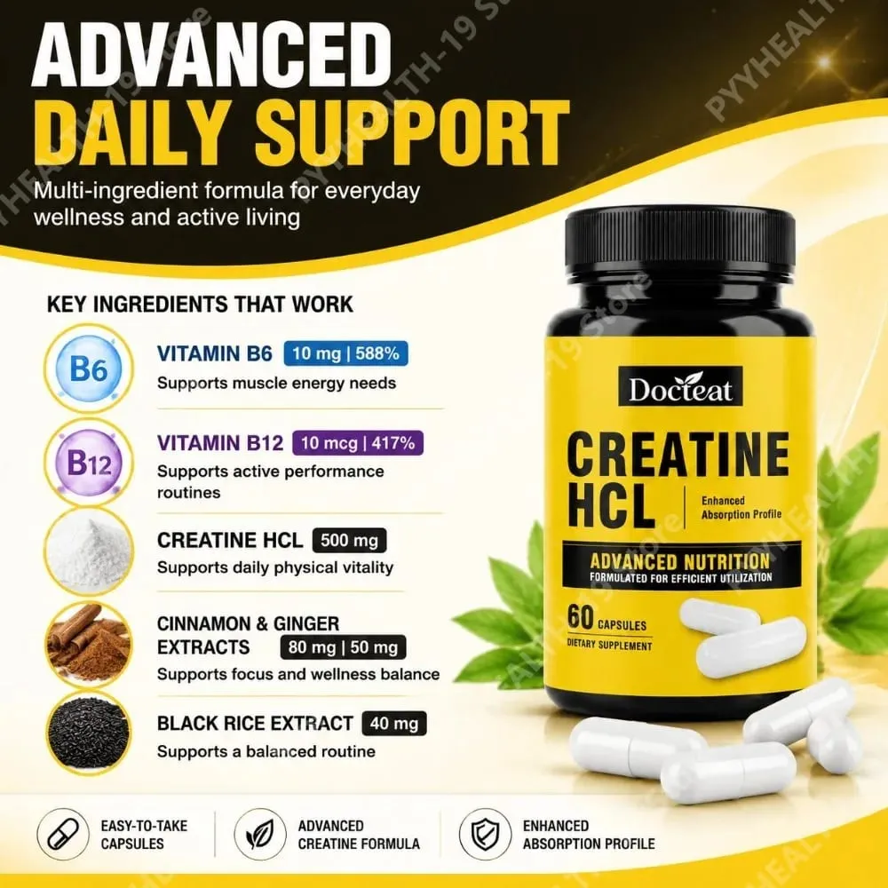 Docteat Creatine HCL Capsules พร้อมวิตามินบี 6 B12 และอบเชยเพื่อพลังงานของกล้ามเนื้อและการสนับสนุนประสิทธิภาพผู้ใหญ่ 60 แคปซูล — image 3