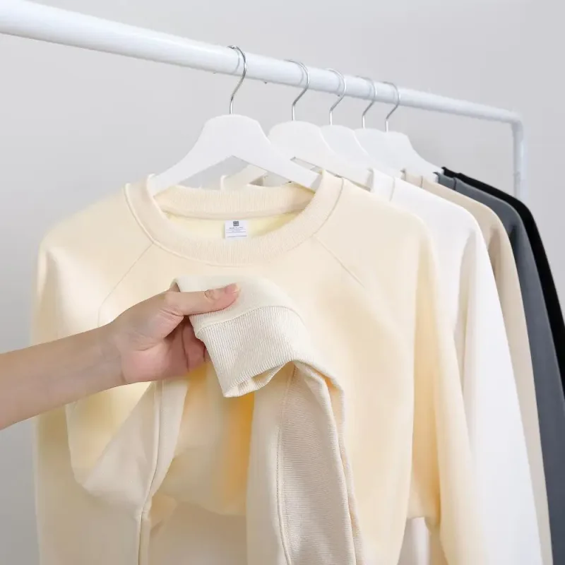 600g Baju Sweat 100% Kapas Bersaiz Besar Lelaki untuk Musim Sejuk Pepejal Beige Lengan Batwing Bulu Heavyweight Leher Krew Hoodies Termal — image 5